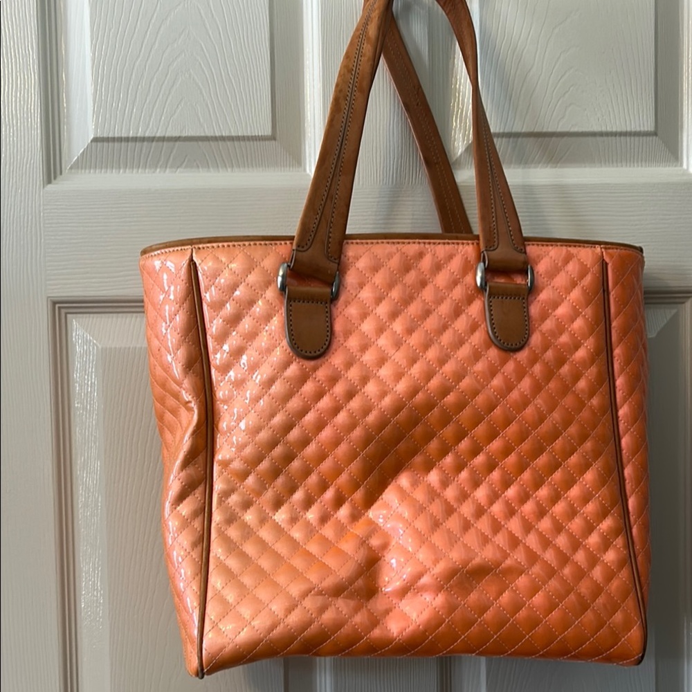 Consuela Orange Quilted Tote with Brown Leather Accents, patent coated - Picture 10 of 10